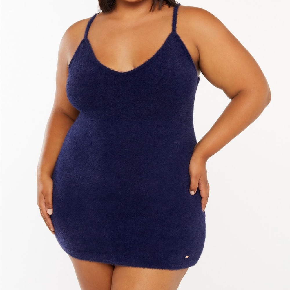 Savage X Fenty Fluff It Up Short Slip Navy Blue Fuzzy Eyelash Knit Loungewear 1X
